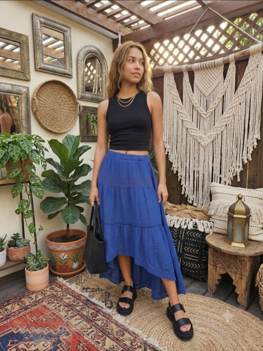Vintage Royal Blue High Low Tiered Boho Midi Skirt Lace Trim Festival Cottagecor